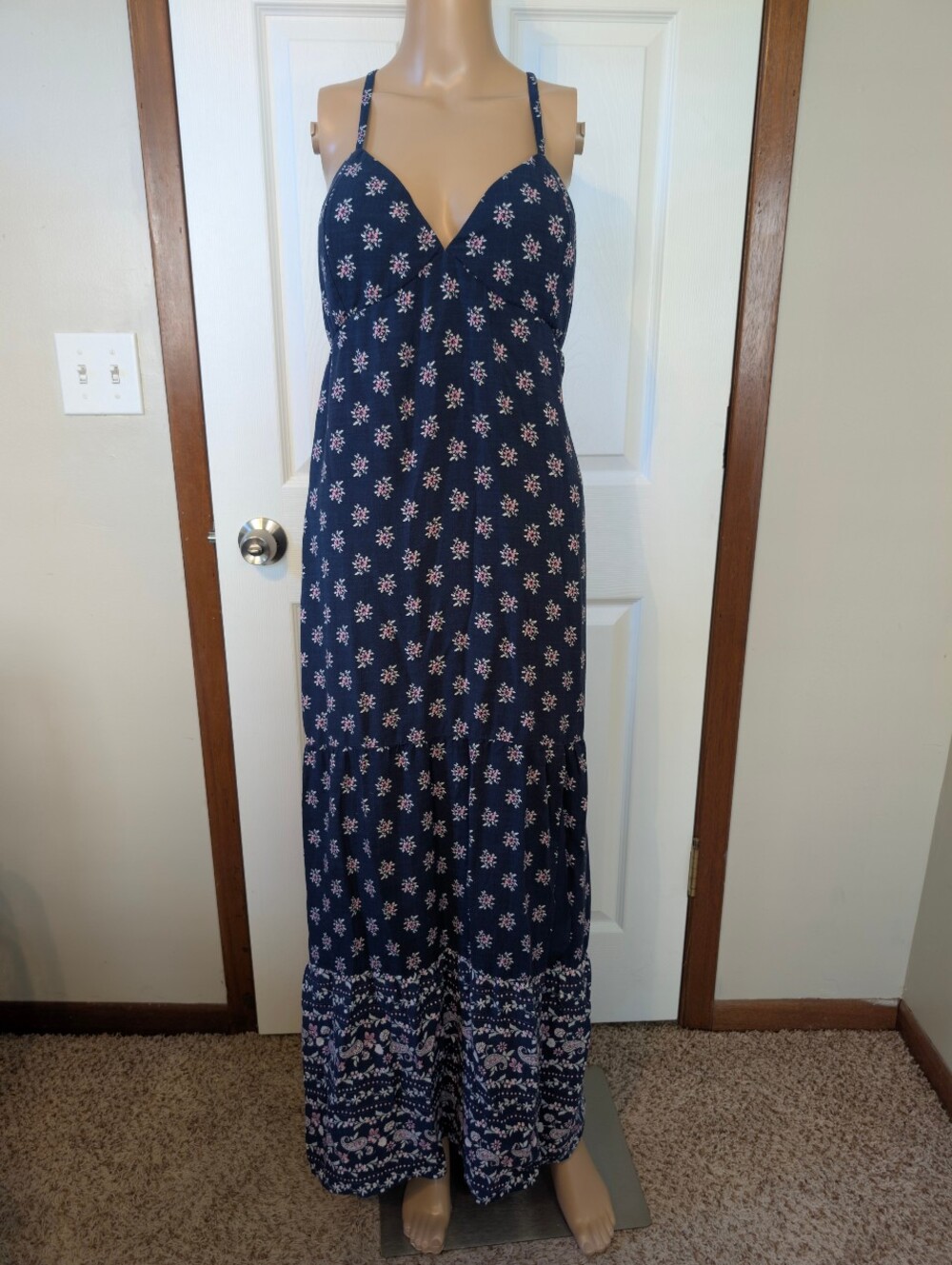 Hollister Navy Maxi Dress w/Pink Floral Print W/Adjustable Spaghetti Straps-L